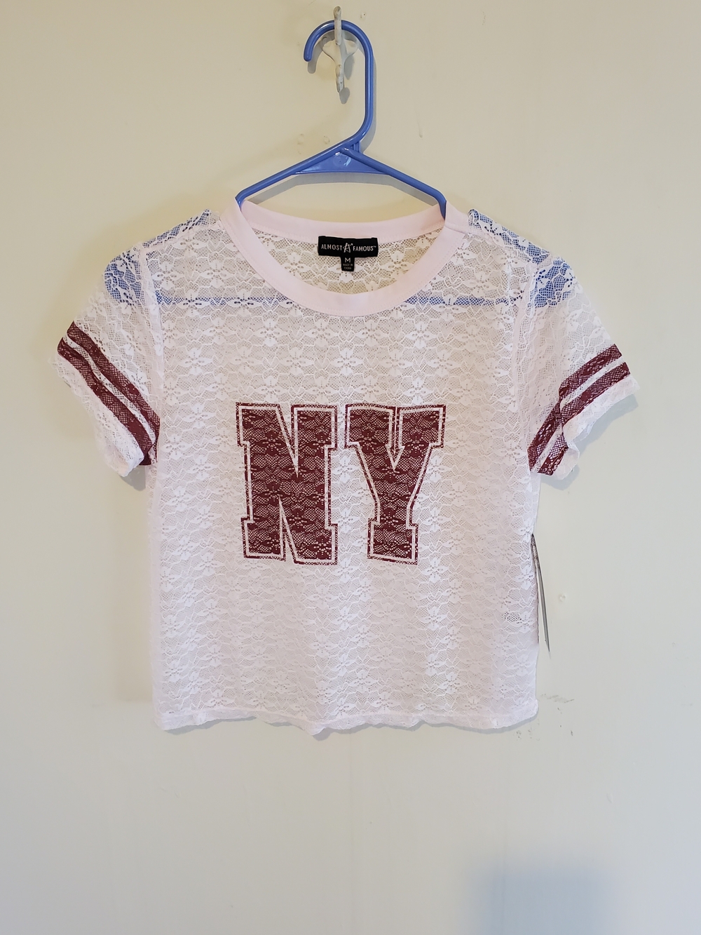 White Lace Crop Tee with Maroon NY Applique M